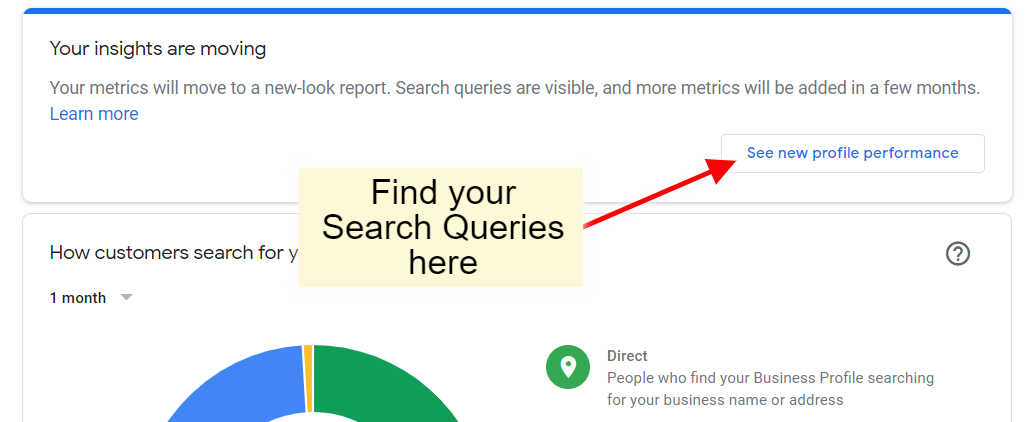Google My Business Insights showing how to find user search queries